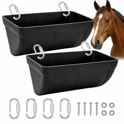 Hanging Horse Feed Trough, Fence Mount Horse Feeder with Heavy-Duty Metal Clips & Screw Hardware, Black Plastic Feed and Water Bucket for Horse Stall, Barn Wall, Pellets & Supplements (2 Pcs)
