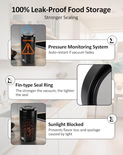 ROTTOGOON Auto Vacuum Coffee Canister, Rechargeable Airtight Coffee Container with 304 Stainless Steel Inner, Scoop, Sealed Coffee Bean Storage Container for Ground Coffee, Tea, Food, 16OZ/ 1.3L - size: 1.3L/16OZ