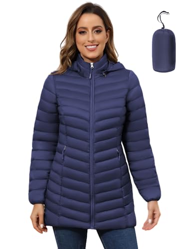 ROYAL MATRIX Women's Packable Puffer Jacket - Lightweight Winter Warm Long Quilted Puffer Coat with Detachable Hood - color: Navy Blue, size: Medium