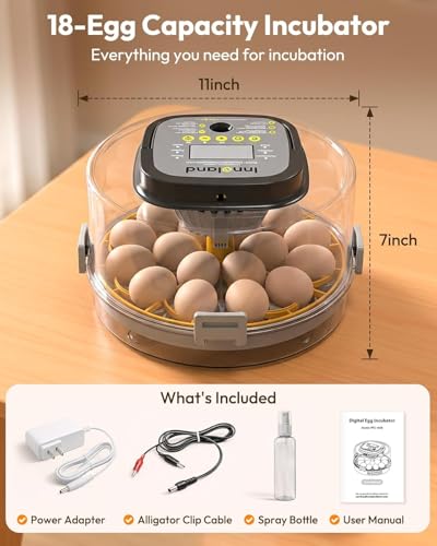 Egg Incubator for Hatching Eggs, 18 Egg Incubator with Automatic Egg Turning and Humidity Temperature Control, Egg Candler, Chicken Incubator for Ducks/Quail/Goose/Pigeon, 360° View with Clear Window