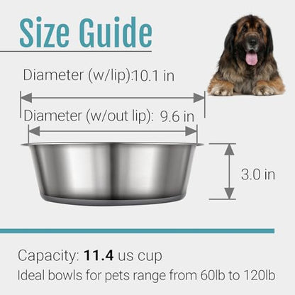 PEGGY11 Nonslip Stainless Steel Dog Bowls, 11.4 US Cup, 2 Count | No slide silicone bottom, Dishwasher safe, Easy to clean, Stackable design - size: 11.4 Cup