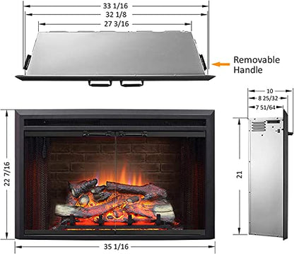 PuraFlame Klaus Electric Fireplace Insert with Fire Crackling Sound Glass Door and Mesh Screen, 750/1500W, Black, 33 1/16 Inches Wide, 21 Inches High, 33 1/16 W X 21 H X 7 51/64 D - size: 33" Low without Trim