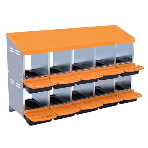 GarveeHome 2-Tier Chicken Nesting Box, 10 Compartment Metal Chicken Laying Boxes with Waterproof Roof ＆ Removable Trays for Hens, Poultry，Easy Egg Collection - color: Orange, size: 10 holes