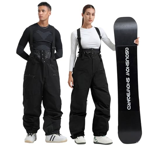 GSOU SNOW Men Women Snowboard Pants-Baggy Ski Snow Bibs | 15K Waterproof Overalls,Insulated Windproof Breathable,Detachable Shoulder Straps - color: Black, size: Large
