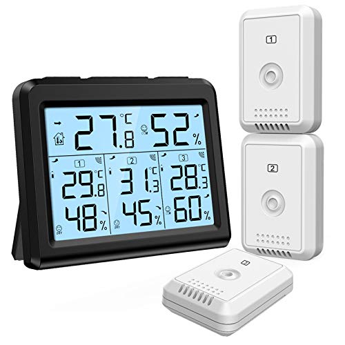 ORIA Indoor Outdoor Thermometer, Digital Hygrometer Thermometer with 3 Wireless Sensors, Temperature Humidity Monitor Meter with LCD Backlight, for Home, Office, Bedroom, Black