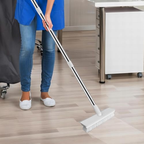 Floor Scrub Brush with Long Handle, 2 in 1 Scrape Brush Stiff Bristle Floor Scrubber for Cleaning Shower Bathroom Garage Kitchen Wall Deck Tub Tile, White