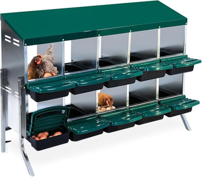 10 - Compartment Roll Away Chicken Nesting Box, Wall - Mount Laying Egg Box with Easy Egg Collection & Cleanable Pull - Out Trays, Hen Roosting Boxes for Efficient Egg Laying（Green）
