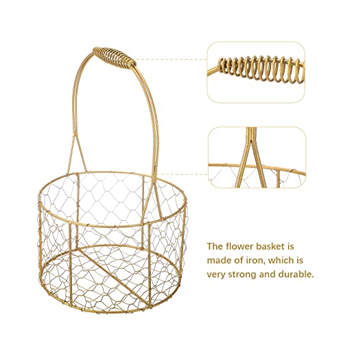 BestAlice 2 Pack Metal Wedding Basket with Handle, Portable Flower Basket, Rustic Flower Girl Basket, Gold Decorated Basket, Geometric Flower Girl Basket Gift Basket for Wedding Home Decor, Round