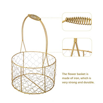 BestAlice 2 Pack Metal Wedding Basket with Handle, Portable Flower Basket, Rustic Flower Girl Basket, Gold Decorated Basket, Geometric Flower Girl Basket Gift Basket for Wedding Home Decor, Round