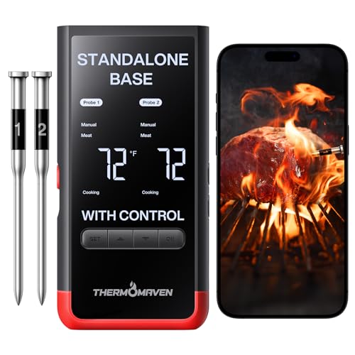 ThermoMaven Smart Bluetooth Wireless Meat Thermometer: Standalone Base, WiFi Unlimited Range, 6 Sensors with NIST Certified Accuracy, 2 Probes for Kitchen, BBQ, Grill, Oven, Smoker, Rotisserie - color: Red-2 Probes