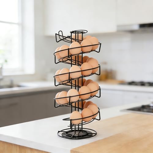 Egg Holder Countertop, Black Metal Spiral Egg Skelter Dispenser Rack with 360° Rotating Design, Farmhouse Egg Storage Display, Wide Stable Base Kitchen Organizer for Fresh Eggs