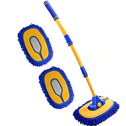 Mveqrrn Upgrade Car Wash Brush with Long Handle,Chenille Microfiber Car Cleaning Brush Supplies Kit Car Wash Mop Accessories Car Washing Brush with Scratch-Free Replacement Head(Blue - color: Blue-002