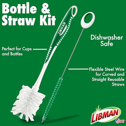 Libman Bottle & Dish Brush Kit | Cleaning Brushes for Kitchen Use | Straw Brush | Scrub Brushes for Dishes | Big Job Kitchen Brush | Palm Scrub Brush | 3 Different Brushes & Straw Cleaner Included - style: Bottle & Dish Brush Kit