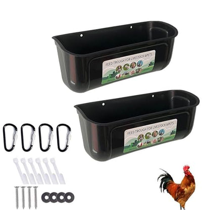2 Pack Wall Mounted or Hanging Feed Trough, Anti-waste Lightweight Feeder Trough Chickens, Movable Poultry Water Troughs for Sheep/Dog(Black) - color: Black
