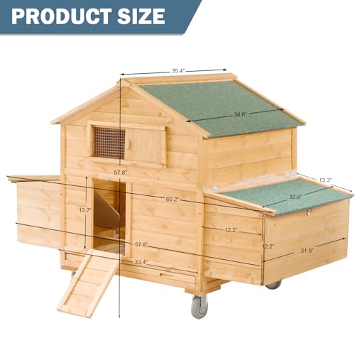 Large Chicken Coop with Wheels, Waterproof Outdoor Hen House for 6-8 Chickens, Movable Chicken House with Two Nesting Box, Removable Tray, PVC Cover, Wooden Duck Coop Rabbit Hutch - size: 60.2"L x 32.6"W x 57.8"H