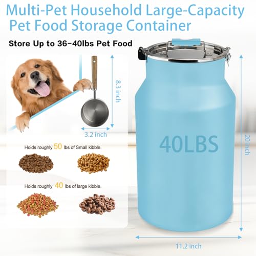 Dog-Cat Food Storage Container 40 lb/38 Qt Large Pet Food Bin with Airtight Lid, 304 Stainless Steel Construction & Scoop Included, Durable Metal Dog Food Storage for Dogs & Cats, Blue