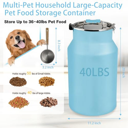 Dog-Cat Food Storage Container 40 lb/38 Qt Large Pet Food Bin with Airtight Lid, 304 Stainless Steel Construction & Scoop Included, Durable Metal Dog Food Storage for Dogs & Cats, Blue