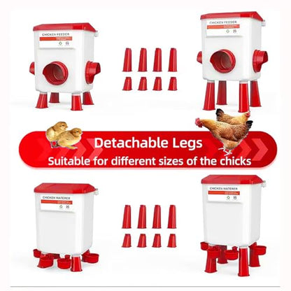 Automatic Chicken Feeder and Waterer Set(4 Buckets/2-3 gallons), 18 Pounds No Waste, Rain Proof Poultry Feeder, Avoid Small Animals, Suitable for Chicken, Duck, Turkey(Red Color)