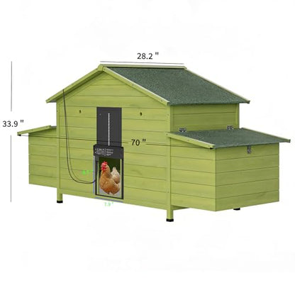 70" Automatic Chicken Coop with Solar-Powered Door & Remote – Smart Outdoor Hen House with Timer & Light Sensor, Solid Wood Poultry Cage with 2 Nesting Boxes, Ventilated Design & Pull-Out Tray