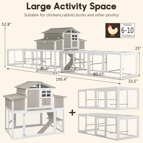 Extra Large Wooden Chicken Coop with Dual Runs for 6–10 Chickens, 2-Tier Elevated Hen House with Nesting Boxes, Expandable Connected Runs, Reinforced Frame, Slide-Out Tray, Grey - color: Grey