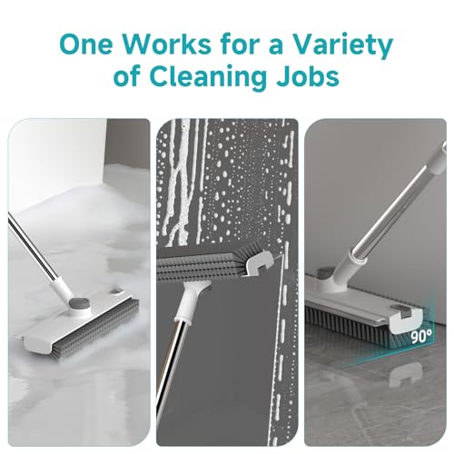 Floor Scrub Brush with Long Handle Length Adjustable, 3 in 1 Heavy-Duty Stiff 90° Bristle Floor Scrubber Broom with Squeegee, for Bathroom, Garage, Kitchen, Tile, Deck & Patio (White) - color: White