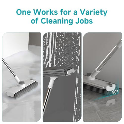 Floor Scrub Brush with Long Handle Length Adjustable, 3 in 1 Heavy-Duty Stiff 90° Bristle Floor Scrubber Broom with Squeegee, for Bathroom, Garage, Kitchen, Tile, Deck & Patio (White) - color: White
