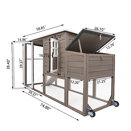 PetsCosset 75" Wooden Chicken Coop with Run and Wheels for 1–4 Chickens, Backyard Hen House with Nesting Box, Removable Tray, Ramp & Weather-Resistant Roof, Grey - color: Chicken Coop large-Grey, size: 75.0"L x 26.0"W x 39.0"H