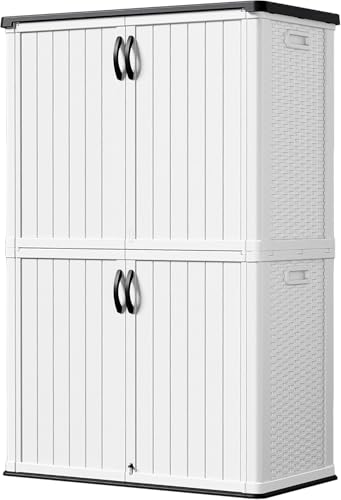 Devoko 50 Cu Ft Outdoor Storage Cabinet - Waterproof Vertical Shed for Patio, Garden & Deck, Heavy-Duty Tool Storage Box for Cushions, Accessories & Equipment, Durable & Weather-Resistant (White) - color: White, size: 50 Cu Ft/Vertical
