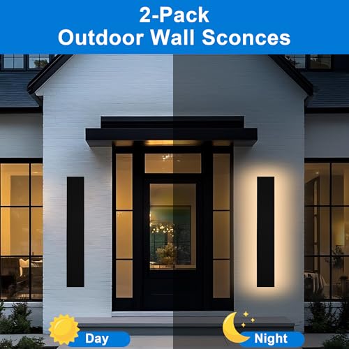 2 Pack 32in Modern LED Outdoor Wall Light, Dimmable 3000K-6000K 5CCT Strip Linear Exterior Wall Sconce Waterproof Ip65 Black 24W LED Long Outdoor Garage Lights Outside Lights for House - size: 32in