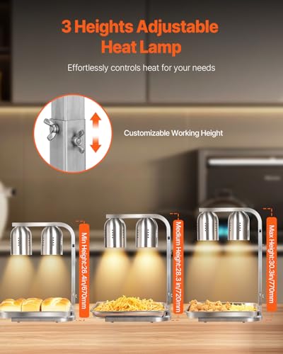 VEVOR Food Heat Lamp, 500W Bulbs, Commercial Food Warmer Light, Electric Stainless Steel French Fry Heating Lamp, Free-Standing, Catering Food Warming Equipment for Kitchen Buffet Restaurant, Silver