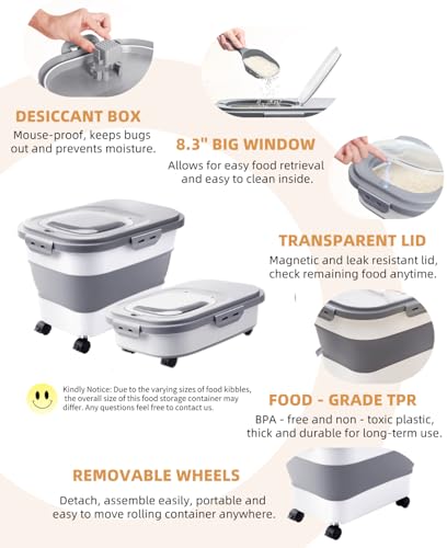 20-23 Lbs Dog Food Storage Container - Collapsible Dog Food Container with Attachable Casters and Scoop,Travel Silicone Bowl, Pet Food Storage Containers to Keep Dry Food Fresh,Easy to Move - color: Grey