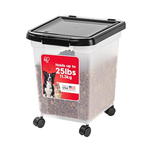 IRIS USA Airtight Dog Food Storage Container, WeatherPro, Up to 25 lbs, Removable Wheels, for Dog Cat Bird and Other Pet Food Storage Bin, Keep Fresh, Translucent Body, Made in USA, Clear/Black - color: Black, size: 25 lbs
