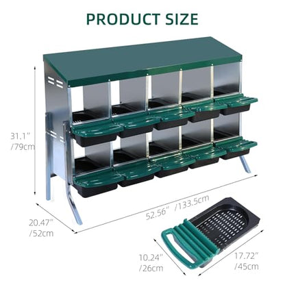 Chicken Nesting Boxes,10 Hole Metal Roll Away Eggs Laying Boxes with Ventilation Holes，Rustproof Plastic Tray & Keyhole Mounting, Cleanable Pull Out Nest Box for Hen & Duck, Green - color: Green, size: 10 holes with legs