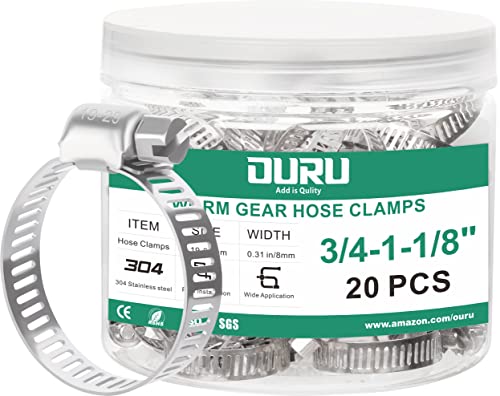 OURU 20PCS Hose Clamps Stainless Steel Adjustable 3/4"–1-1/8"(19-29mm) Worm Gear Hose Clamp, Heavy Duty Metal Small Hose Clamps for Automotive, Pipe, Radiator Plumbing, Fuel Line - size: 3/4"-1-1/8"(19-29mm)