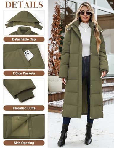 UMIPUBO Women's Long Maxi Down Coat Winter Puffer Jacket Warm Padded Outerwear Faux Fur Removable Hood Parka Full-Zip - color: Military Green, size: Small
