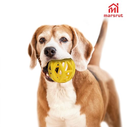 Hollow Dog Ball, Rubber Bite Resistant Pet Toys, 4.92" Interactive Roller Cage with Holes for Chewing Teeth Grinding Aggressive Chewers Treat Inside for Large Medium Breed Indoor Outdoor, Yellow