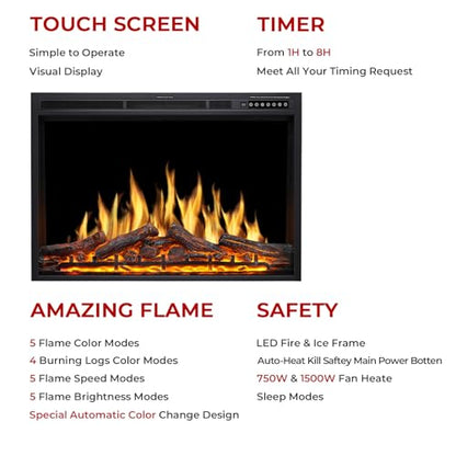R.W.FLAME 36" Electric Fireplace Insert, Realistic Log Recessed Electric Stove Heater, 4 Color Adjustable Flames, 8 H Timer, 5 Brightness Settings, 750/1500W Touch Screen, Remote Control (37''X27'')