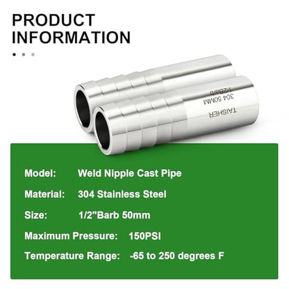 TAISHER 5PCS 304 Stainless Steel Pipe Fittings, 1/2" Barb, 2" Length Weld Nipple Cast Pipe - size: 1/2" Barb(2" Length)