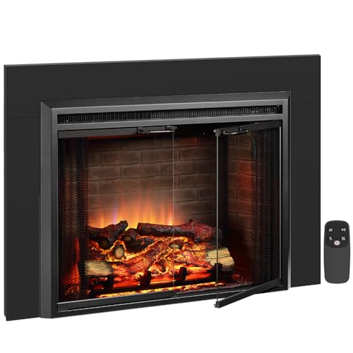 PuraFlame Klaus 33” Electric Fireplace Insert with Trim Kit, Fire Crackling Sound, Resin Log, Glass Door and Mesh Screen, 750/1500W Heater, Black - size: 33" with Trim