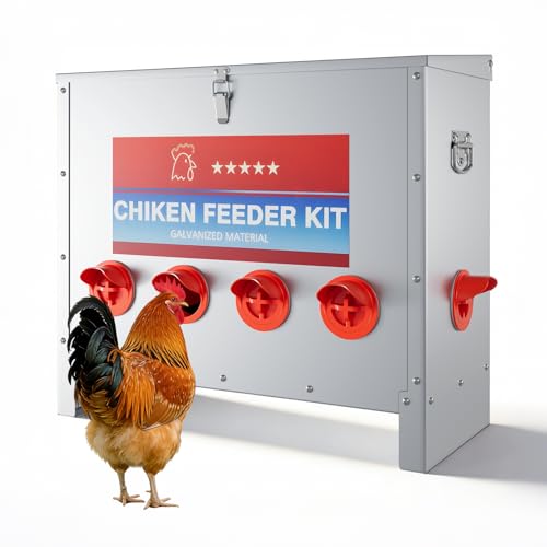85 lbs Large Automatic Chicken Feeder, No Waste Gravity Fed Poultry Feeder with Latch & Handle, Rat Proof Galvanized Weatherproof Feeder for Chickens, Bantams, Outdoor Backyard Poultry Coop, 10 Ports - color: 10 Ports