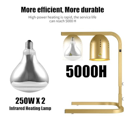 Heat Lamp for Food, with Two 250W Bulbs for Fast and Even Heating, Food Heat Lamp with Adjustable Height Stand, Commercial Food Warmer Lamp for Home, Fast Food Restaurant, Buffet, Bakery, Gold - color: Gold