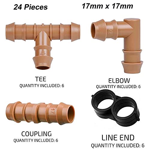 JAYEE 24P Drip Irrigation Fittings Kit for 1/2" Tubing (.600 ID), 17mm Parts- 6 Tees, 6 Couplings, 6 Elbows,6 End Cap Plugs- Barded Connectors for Rain Bird Pipe and Sprinkler Systems (24 Pieces Set) - color: 24P Drip Irrigation Fittings Kit