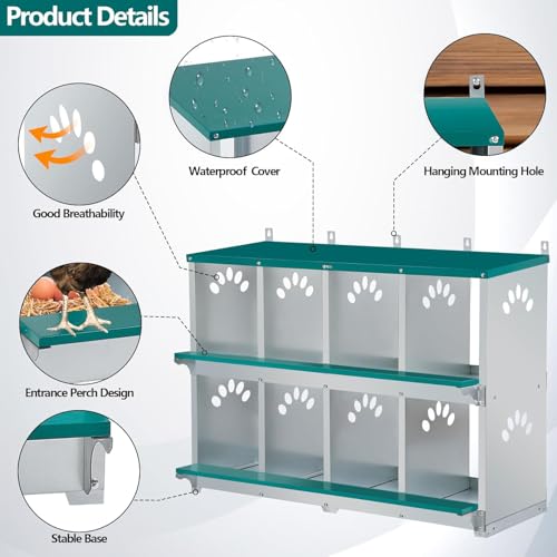 Chicken Nesting Box, 8 Compartment Metal Nesting Box, Wall Mountable Nesting Boxes for Chicken, 42.5" L x 13.0" W x 25.0" H, Green