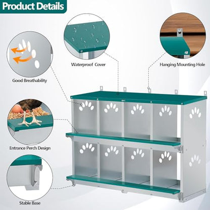 Chicken Nesting Box, 8 Compartment Metal Nesting Box, Wall Mountable Nesting Boxes for Chicken, 42.5" L x 13.0" W x 25.0" H, Green