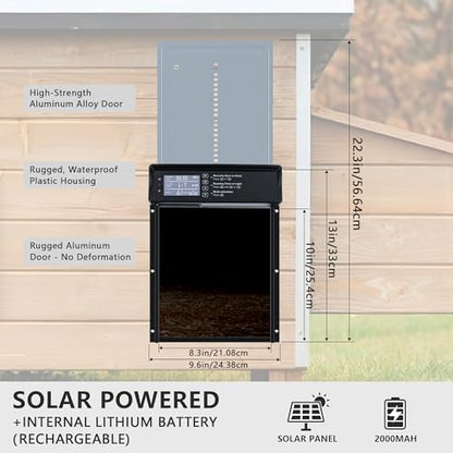 Automatic Chicken Coop Door Solar Powered, LCD Screen Electric Chicken Coop Door with Timer & Light Sensor, 4 Modes Solar Chicken Coop Door, Anti-Pinch & Door Pry Warning Coop Door with Remote Control