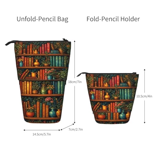 Bookshelf Plant Kids Standing Pencil Case Girls Boys Telescopic Stationary Pouch with Zipper Large Capacity Stand up Pen Bag Portable Makeup Holder for Children School Students Office Supplies - color: Bookshelf