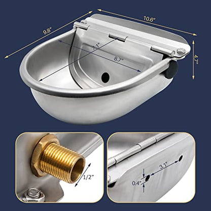 Automatic Waterer Feeder Dog Water Bowl Dispenser Drinking Trough | Stainless Steel Bowl, With Brass Float Valve, Self Filling, For Farm Animal Large Dog & Chicken & Poultry & Livestock & Horse