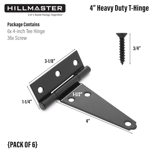 HILLMASTER 4 Inch T-Strap Hinges Heavy Duty Shed Door Hinges Gate Strap Hinges Black Tee Hinge Wrought Gate Hardware Small T Hinges for Wooden Fences,Shutter,Window,Barn,Outdoor Rustproof(6 Pack) - size: 4in 6Pack