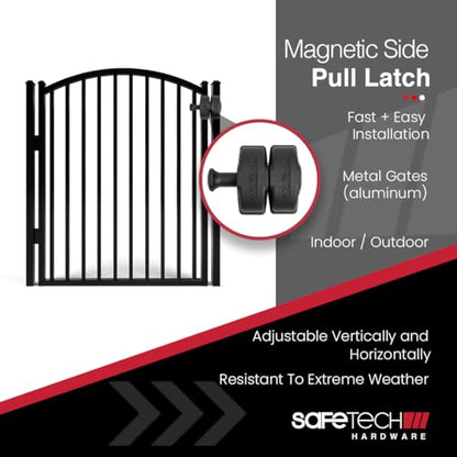 Safetech Hardware Magnetic Side Pull Gate Latch | General Purpose Magnetic Gate Latch for Aluminum/Metal Fences | Industrial Strength Self-Latching Fence Pull SLG-150KB - Black