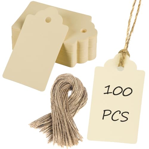 Uniclife 100 Pcs Paper Tags with String Writable Beige Cardstock Price Tags with Jute Twine Hang Tag for DIY Crafts Clothing Christmas Wedding Birthday Blank Merchandise Marking Tag, 2 3/4" x 1 1/2" - color: Beige